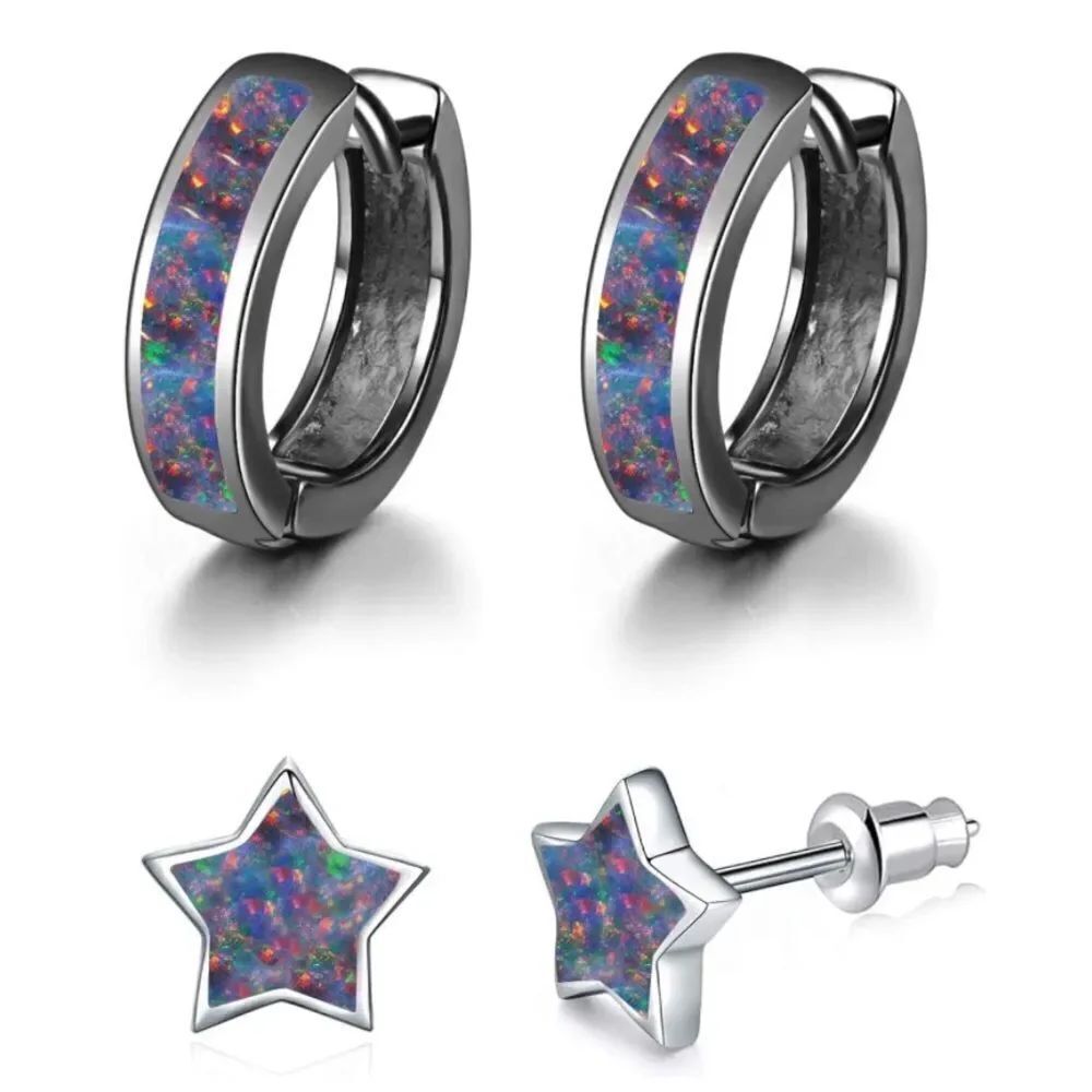 14K Black Gold with Genuine Black Fire Opal Huggie Star Stud Earrings Set of 2